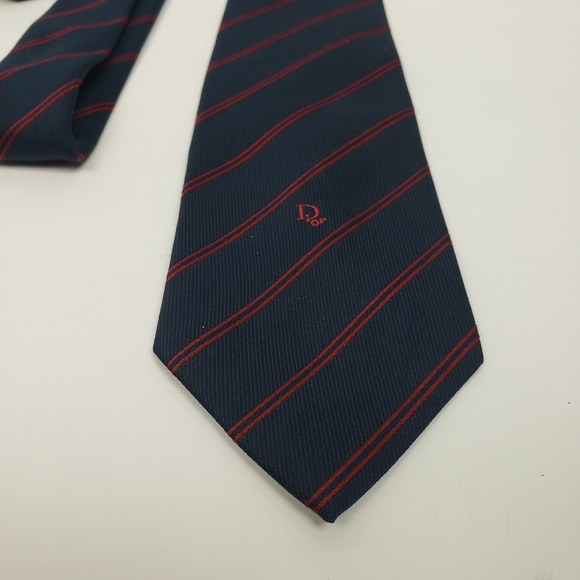 Christian Dior Striped Textured Navy Blue Red Tie - Picture 4 of 8
